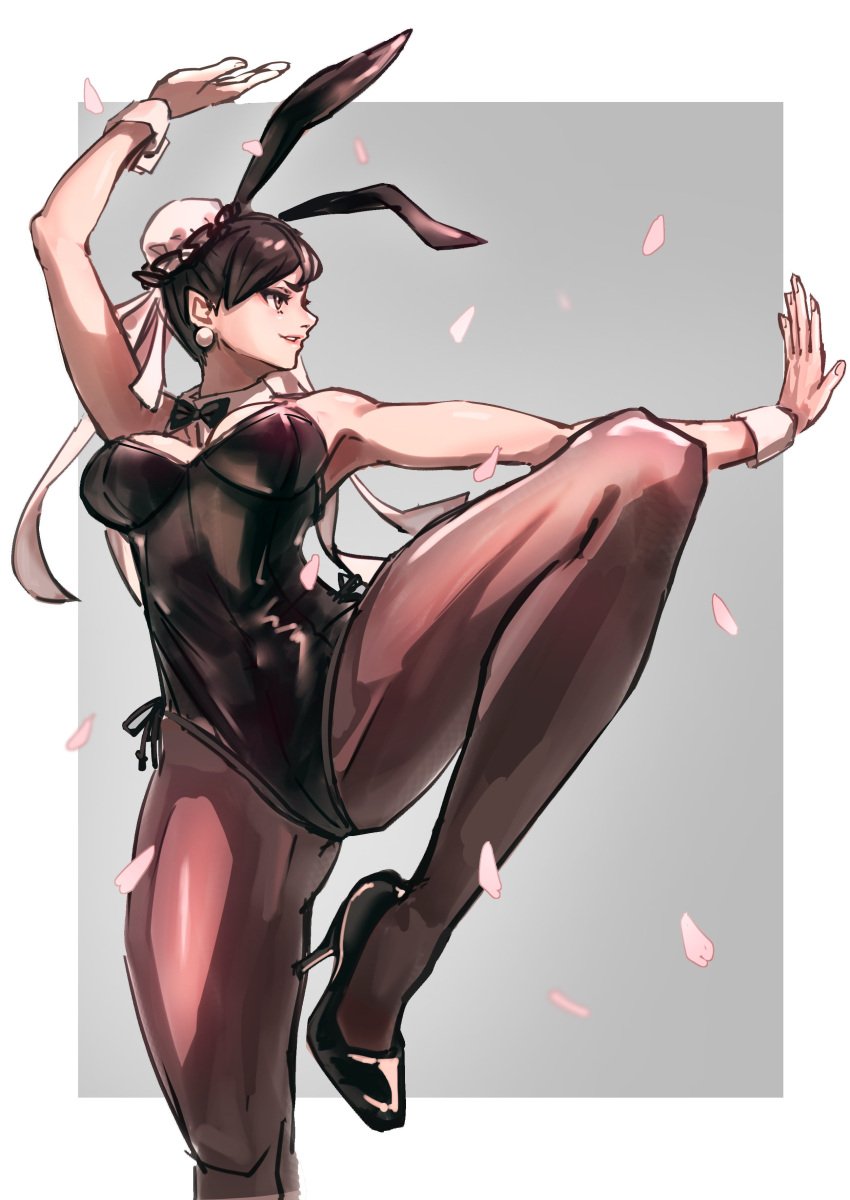 1girls ap_cammy asian asian_female big_breasts black_hair bowtie bunny_ears bunny_girl bunnysuit busty capcom chun-li earrings fighting_stance high_heels legs light-skinned_female light_skin nylons pantyhose street_fighter