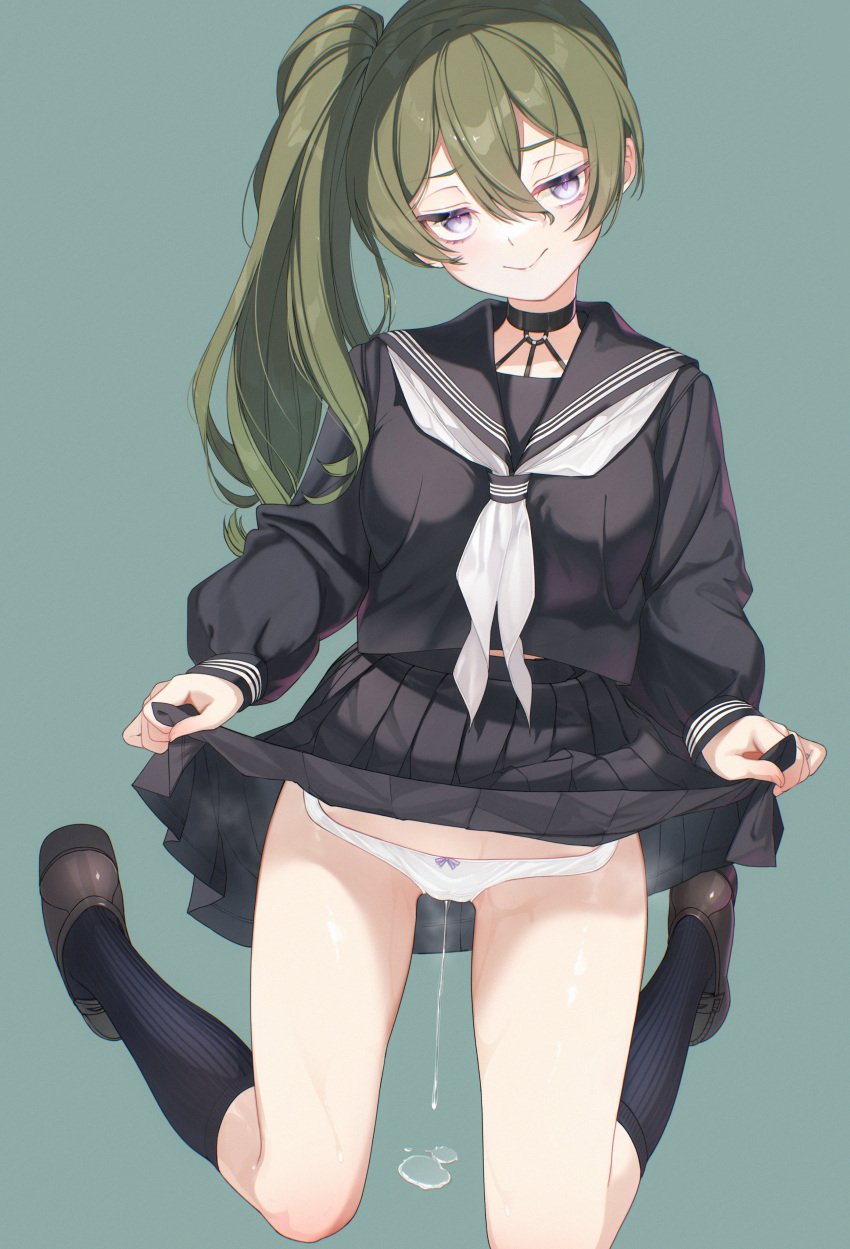 :> absurdres alternate_costume black_choker black_sailor_collar black_serafuku black_shirt black_skirt black_socks bow bow_panties brown_footwear brown_loafers choker clothes_lift commentary_request contemporary eyelashes female full_body green_background green_hair highres jitome knee_socks kneehighs kneeling kneesocks loafers long_hair long_sleeves looking_at_viewer neckerchief o-ring o-ring_choker panties pleated_skirt purple_eyes pussy_juice pussy_juice_drip_through_clothes sailor_collar school_uniform serafuku shirt shoes simple_background skirt skirt_lift socks solo sousou_no_frieren ubel_(sousou_no_frieren) underwear white_neckerchief white_panties zero_(miraichizu)