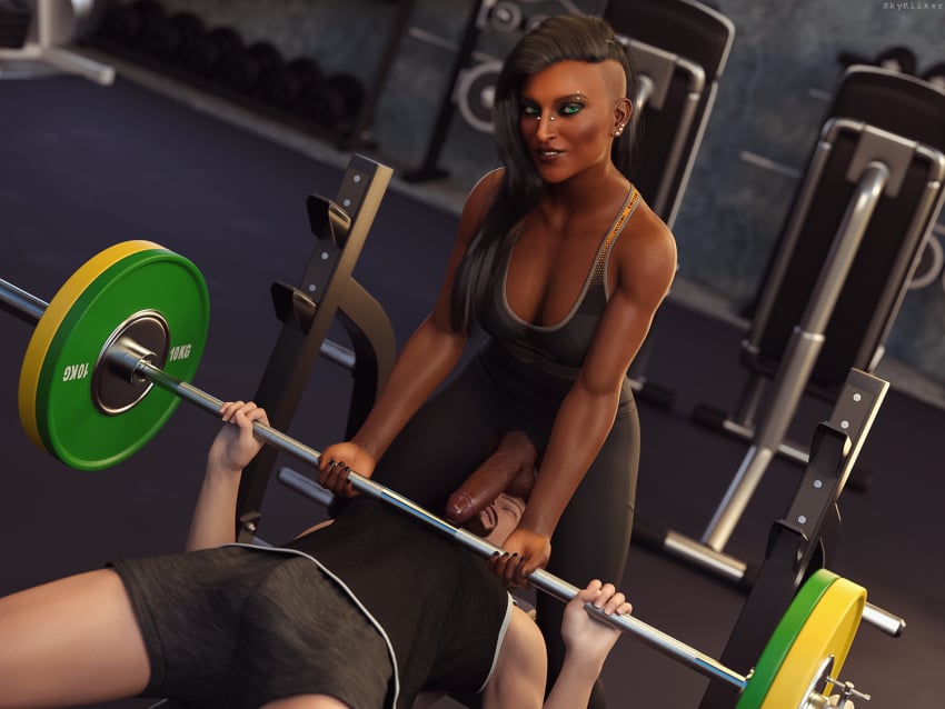 1boy 1futa 3d 3d_(artwork) 3d_model 3dx balls balls_on_face beard bench bench_press biceps black_hair black_nails bra breasts dark-skinned_futanari dark_skin erection erik_jacobs_(darksidex) futa_on_male futanari green_eyes gym human human_only interracial kali_(skykliker) leggings looking_at_viewer mature mature_futa milf muscular_arms muscular_futanari nail_polish penis penis_on_face penis_under_clothes piercing size_difference skykliker smiling smiling_at_viewer sports_bra sportswear testicles training undercut veiny_penis