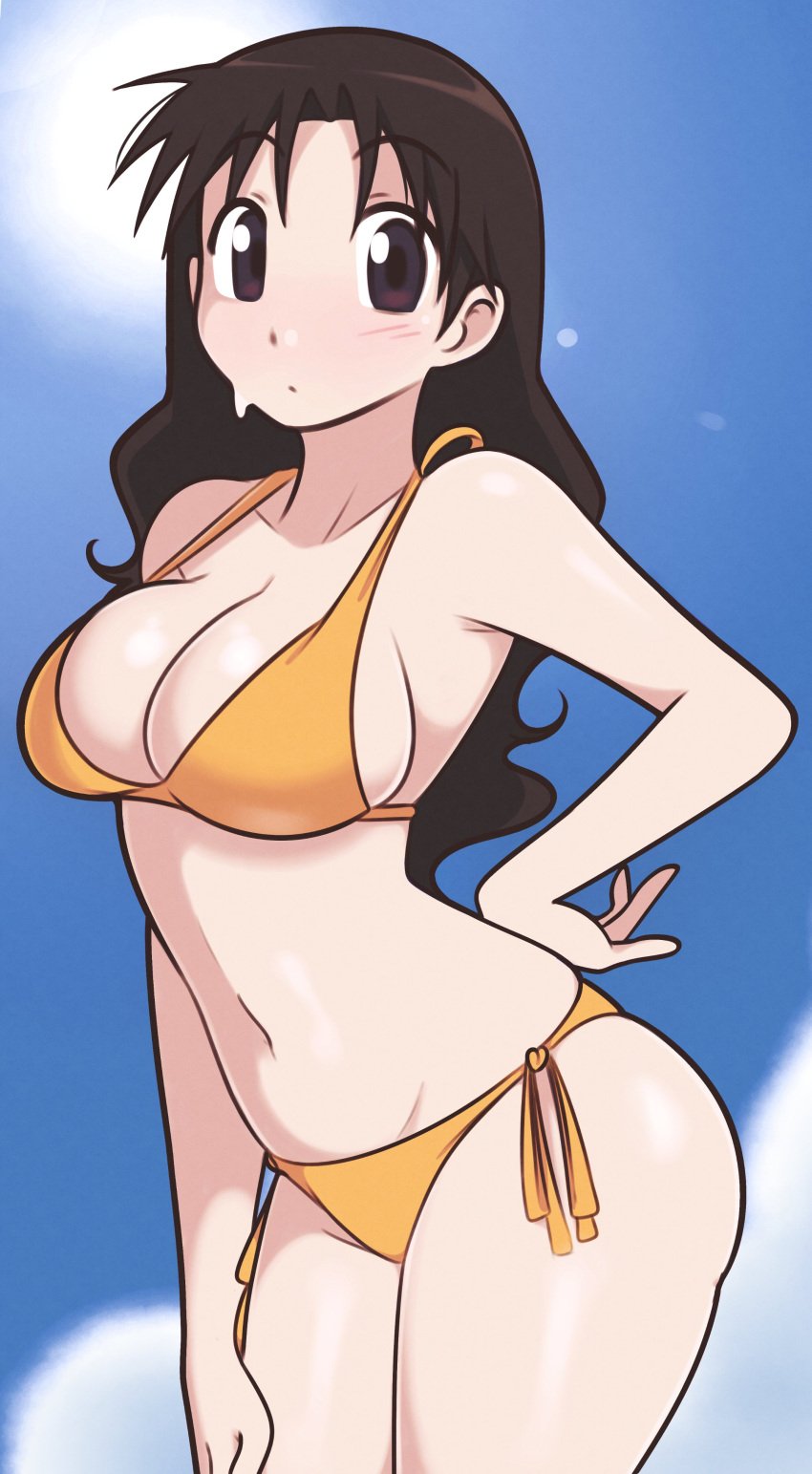 1girls alternate_costume azumanga_daiou big_breasts bikini brown_eyes brown_hair brunette busty female female_only huge_breasts jeffmiga large_breasts solo yukari_tanizaki