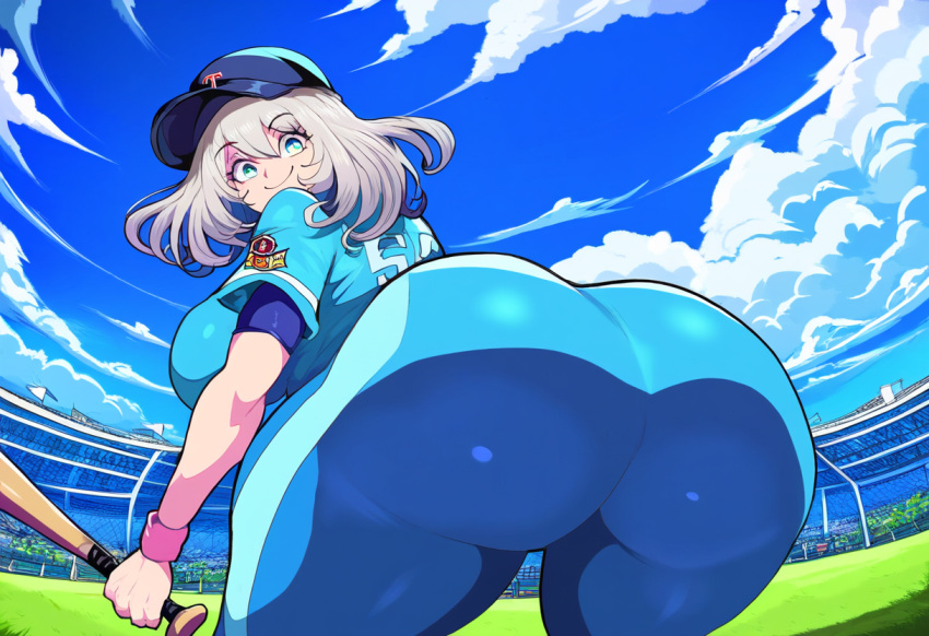 ai_generated ass baseball baseball_bat baseball_cap baseball_uniform female huge_ass mullon novelai seductive_smile sportswear tejina_senpai tejina_senpai_(character) white_hair