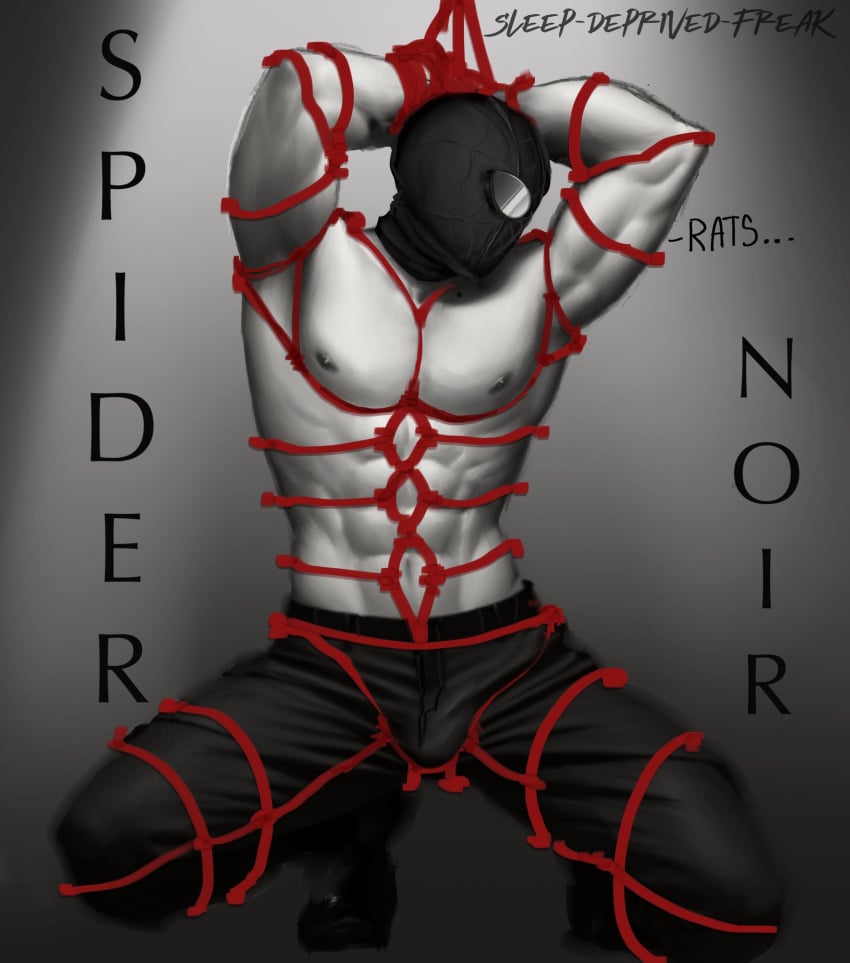 black_and_white bulge half_naked male_only marvel mask masked_male pectorals rope rope_bondage spider-man:_across_the_spider-verse spider-man:_into_the_spider-verse spider-man_(series) spider-man_noir