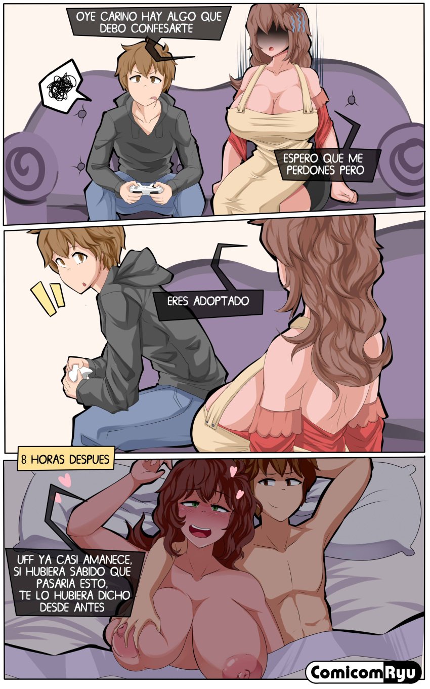 1boy 1boy1girl 1girls adopted_son adoptive_mother after_sex afterglow aftersex bed big_breasts breast_grab breasts brown_hair comic comic_page comicomryu delicia_(comicomryu) female game_controller grabbing grabbing_breasts honky huge_breasts implied_sex incest instant_loss_2koma male milf mother mother_and_son nude_female playing_videogame preteen_boy_mature_female ryumxr son spanish_text text text_bubble toretto_(comicomryu) translated very_younger_male