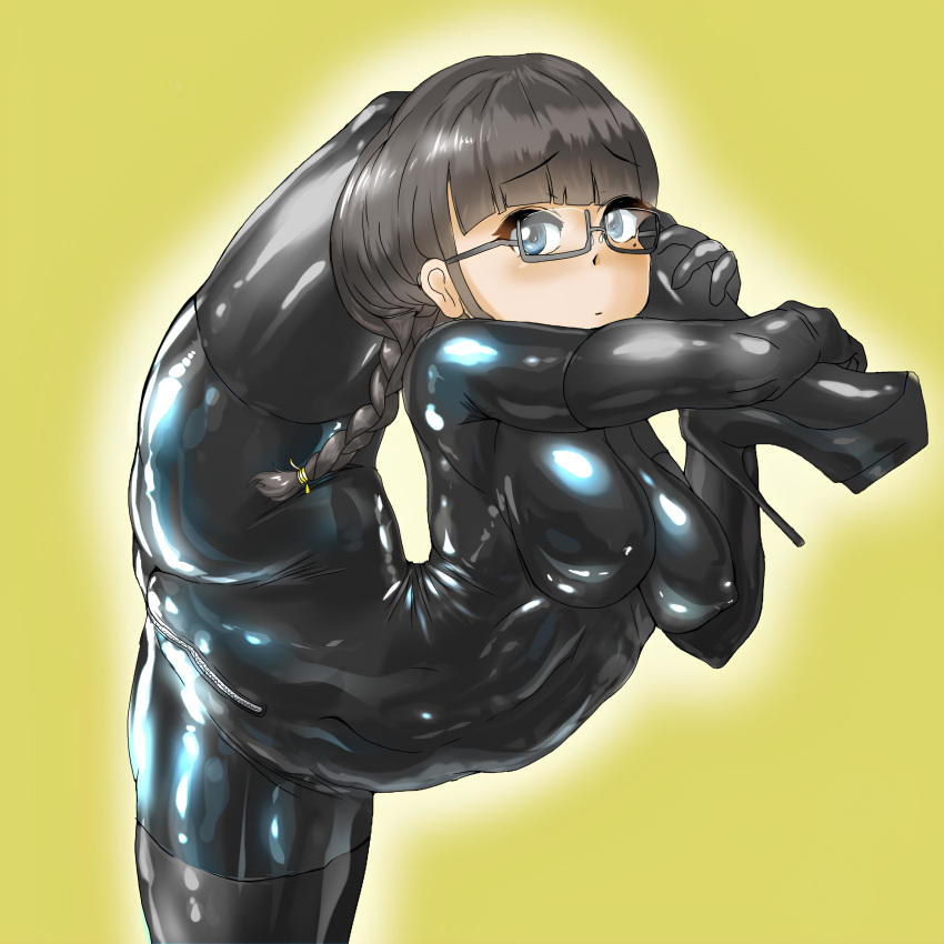 big_breasts black_hair blue_eyes cameltoe contortionist cute flexible fringe glasses heel_boots heels latex latex_bodysuit latex_boots latex_clothing nipples_visible_through_clothing original_character twintails zipper