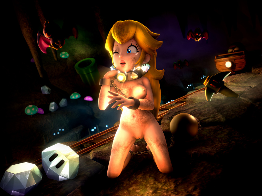 alternate_version_at_source alternate_version_available bondage captain_toad_treasure_tracker cave dirty female forced human mario_(series) minecart monty_mole nude onmodel3d pale_skin princess_peach self_upload shock_collar slave super_mario_bros. swooper tears