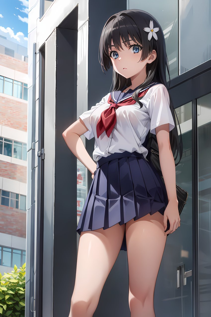 ai_generated below_view hand_on_hip looking_down sailor_fuku saten_ruiko school_uniform schoolgirl_uniform short_skirt to_aru_kagaku_no_railgun to_aru_majutsu_no_index