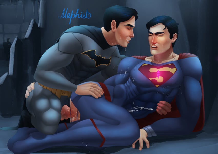 2boys abs anal anal_penetration anal_sex batman batman_(series) black_hair blue_eyes bruce_wayne clark_kent cowl_removed cum cum_in_ass cum_inside cum_while_penetrated dc dc_comics gay gay_sex grey_eyes hand_on_ass justice_league male male_only mephisto mephisto(artist) muscles mutual_orgasm necklace orgasm_face orgasm_from_anal pecs pink_kryptonite ragged_clothing superman superman_(series) sweat sweatdrops torn_clothes uncensored yaoi