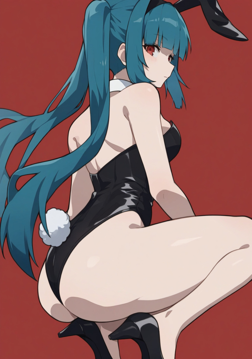 ai_generated amaterasu_(shimai_no_hanashi) animal_ears ass back bangs bare_arms bare_legs bare_shoulders black_footwear black_leotard blue_hair blunt_bangs blush breasts closed_mouth detached_collar fake_animal_ears fake_tail female from_behind hairband hatsune_miku high_heels highleg highleg_leotard leotard long_hair looking_at_viewer looking_back masa_works_design medium_breasts milua novelai playboy_bunny pony_diffusion_xl rabbit_ears rabbit_tail red_background red_eyes self_upload shimai_no_hanashi sidelocks simple_background solo solo_female squatting strapless strapless_leotard tail thighs twintails very_long_hair vocaloid