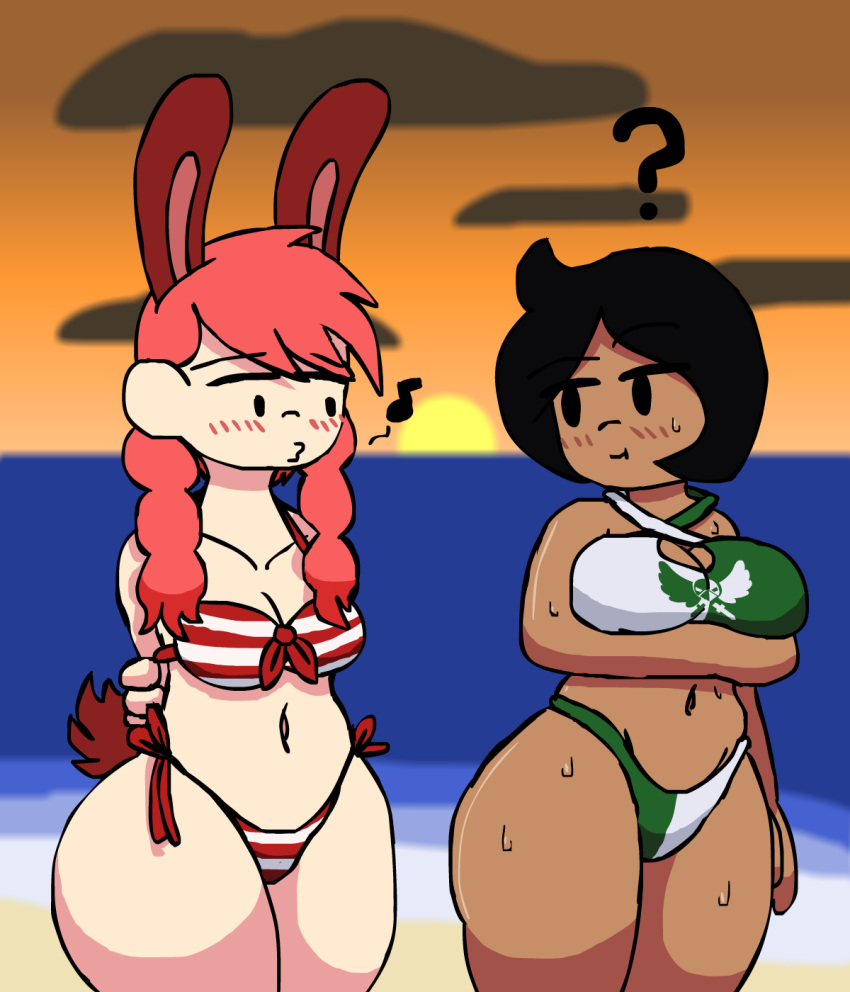 2girls alice_hazel animal_ears beach bikini black_hair blush bunny_ears bunny_girl bunny_tail dark_skin female margaret_summers original_character pink_hair shadowjanetnsfw striped_bikini twin_braids wet