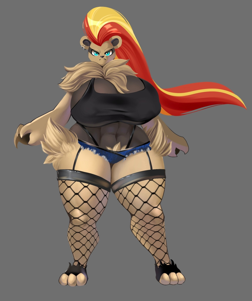 abs anthro aquillasnail big_breasts blue_eyes breasts female female_only fishnets furry hair hi_res jean_shorts pokémon_(species) pokemon pubic_hair pyroar shorts tagme thick_thighs