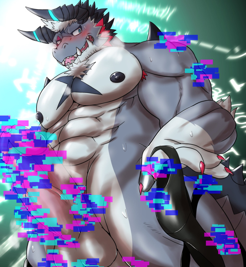 abs anthro balls blue_eyes blush dragon erection genitals giansar grey_body hair hi_res horn lifewonders live_a_hero male muscular muscular_anthro muscular_male mythological_creature mythological_scalie mythology nipples nude pecs penis scalie solo white_hair yom_mido_plus