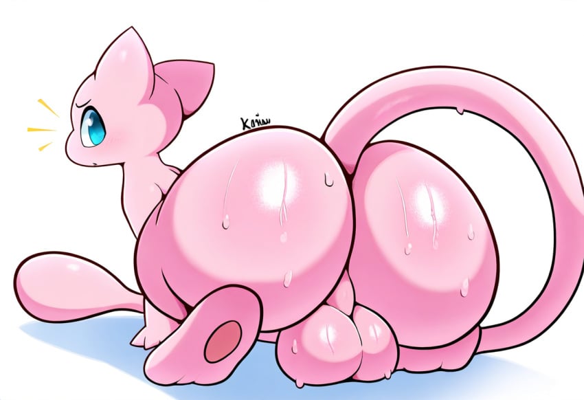 ai_generated anthro ass backsack balls big_balls big_butt blue_eyes blush bodily_fluids bubble_butt felid feral generation_1_pokemon genitals hellsonger hi_res legendary_pokemon looking_at_viewer looking_back male mew nintendo pokemon pokemon_(species) presenting rear_view simple_background solo sweat sweaty_balls sweaty_butt sweaty_genitalia white_background
