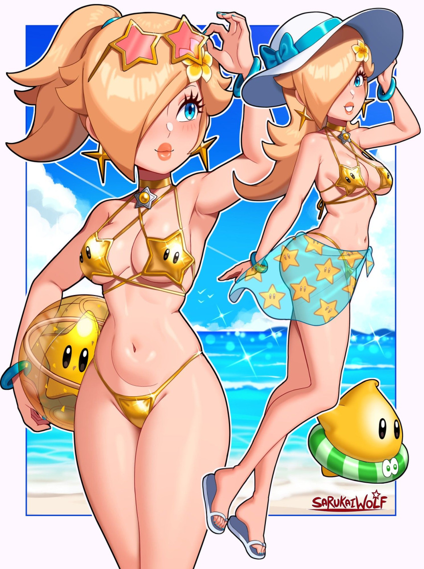 1girls 2d 2d_(artwork) ball_under_arm beach beach_ball belly belly_button bikini blonde_hair blue_eyes blue_nails blush bracelet chocker flip_flops flower_in_hair gold_bikini hair_over_one_eye looking_at_viewer luma mario_(series) nail_polish nintendo no_ai ponytail power_star princess_rosalina sandals sarukaiwolf see-through_towel skinny star_earrings star_sunglasses string_bikini sunglasses sunglasses_on_head sunhat super_mario_galaxy tagme thin_waist towel_around_waist