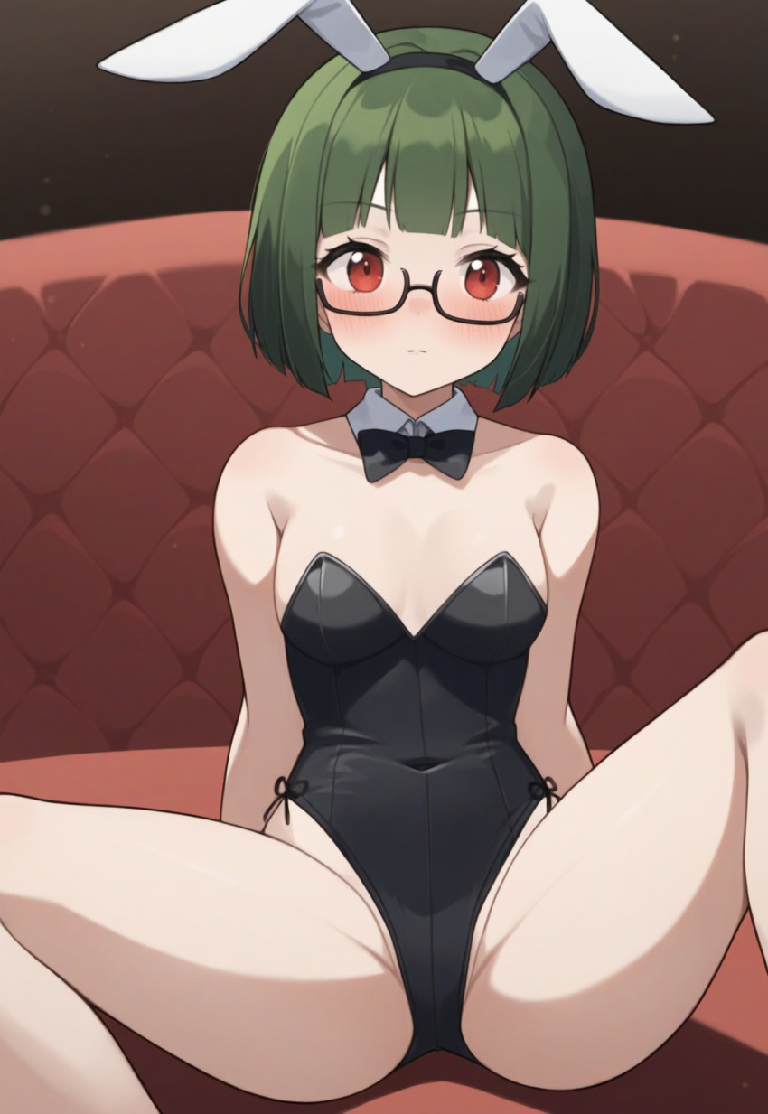 ai_generated animal_ears bangs bare_arms bare_legs bare_shoulders black-framed_eyewear black_bow black_bowtie black_hairband black_leotard blunt_bangs blush bob_cut bow bowtie breasts closed_mouth collar collarbone couch covered_navel dark_green_hair detached_collar fake_animal_ears feet_out_of_frame female glasses green_hair groin gumi hairband highleg highleg_leotard leotard looking_at_viewer m_legs masa_works_design milua novelai on_couch playboy_bunny pony_diffusion_xl rabbit_ears red_eyes self_upload semi-rimless_eyewear short_hair side-tie_leotard sister's_story sitting small_breasts solo solo_female spread_legs strapless strapless_leotard thighs tsukuyomi_(sister's_story) under-rim_eyewear vocaloid white_collar wing_collar