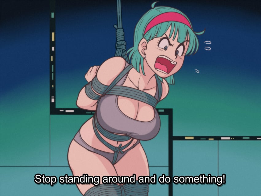 1girls arms_behind_back blue_hair bondage breasts bulma_briefs bulma_briefs_(frieza_saga) cleavage dragon_ball dragon_ball_z english_text hairband jam-orbital rope text tied_up underwear