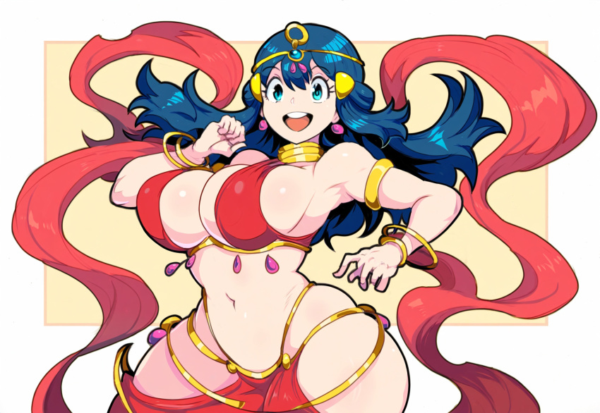 ai_generated belly_dancer belly_dancer_outfit curvaceous dancer dancer_outfit dawn_(pokemon) female harem_outfit large_breasts mullon nintendo novelai pokemon pokemon_dppt thick_thighs