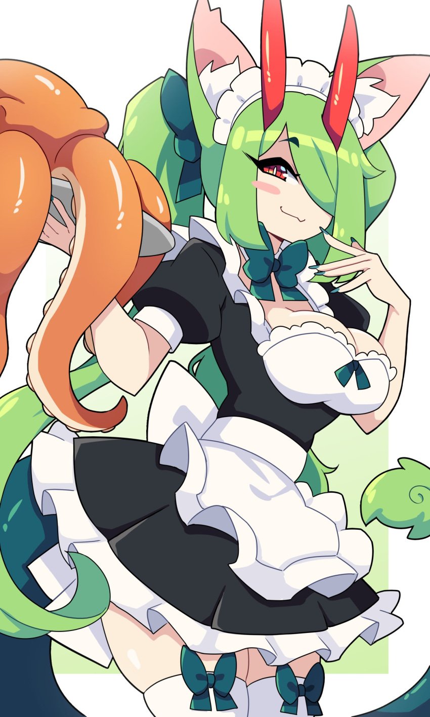 1girls blush cat_ears catgirl dew_(j5daigada) dragon_girl dragon_tail female female_only green_hair hair_over_one_eye hi_res hybrid j5daigada long_hair looking_at_viewer maid maid_headdress maid_uniform neck_ribbon octopus red_eyes ribbon slit_pupils smiling smiling_at_viewer smug solo tail thighhighs tray twintails white_background white_thighhighs