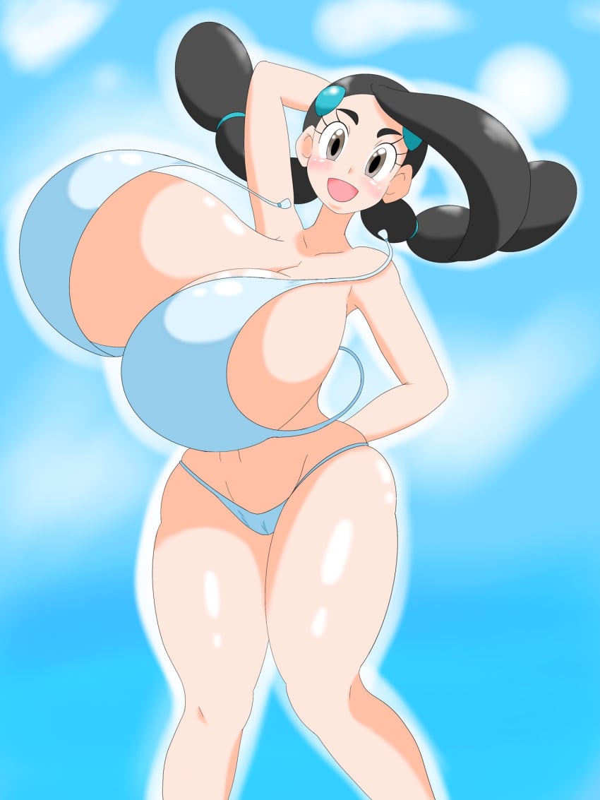 1girls alternate_breast_size arm_behind_head arm_up big_breasts bikini black_hair blush breasts brown_eyes cameltoe candice_(pokemon) collarbone eyelashes female female_only huge_breasts human human_only looking_at_viewer nintendo nuruudon open_mouth pale-skinned_female pale_skin pokemon pokemon_dppt short_hair smile solo solo_female standing twintails voluptuous wide_hips