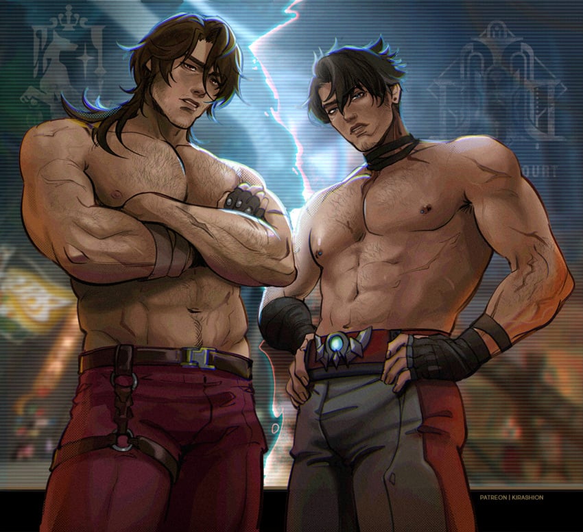 armpit_hair bara clothing crossover gallagher_(honkai:_star_rail) gay genshin_impact hairy_chest honkai:_star_rail kirashion looking_at_viewer male male/male male_nipples male_only manly mature_male muscular_male nipples tight_clothing wriothesley_(genshin_impact)