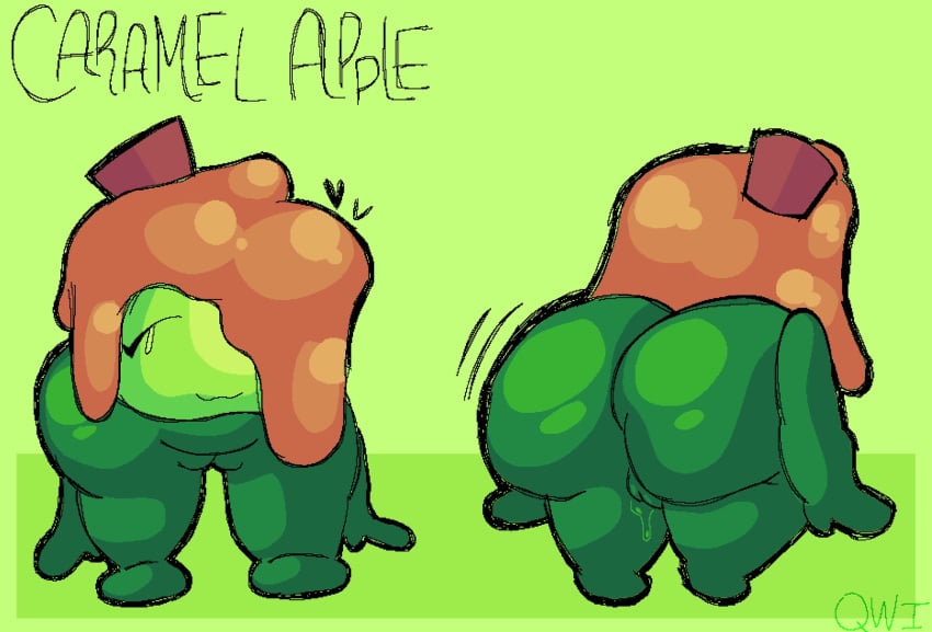 :3 apple ass_bigger_than_body ass_visible_through_thighs big_ass bodily_fluids candy_apple caramel_apple_(qwiuo) fat_ass flat_chest food food_creature green_body green_eyes green_skin heart heart_symbol huge_ass large_ass large_butt object_show object_shows orange_hair pseudo_hair pussy pussy_juice pussy_juice_drip qwiuo solo thick_ass thick_thighs vagina vaginal_fluids