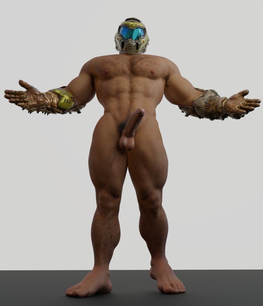 1boy balls bara barazoku chest_hair doom doom_slayer_(doom) jdx054 light-skinned_male light_skin male male_only mask masked masked_male muscular muscular_male penis pubes pubic_hair solo solo_male