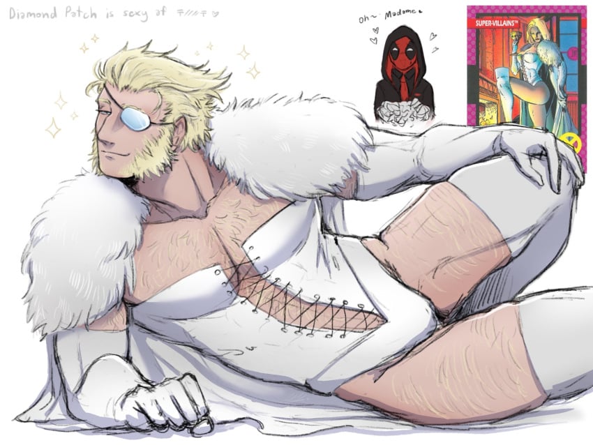 2boys baimonbluewhale blonde_hair chest_hair corset cosplay cross-laced_clothes deadpool emma_frost_(cosplay) english_text eyepatch facial_hair fur_cape gay hairy heart hood_up leg_hair male marvel revealing_clothes smile thigh_boots white_boots wolverine_(x-men) x-men yaoi