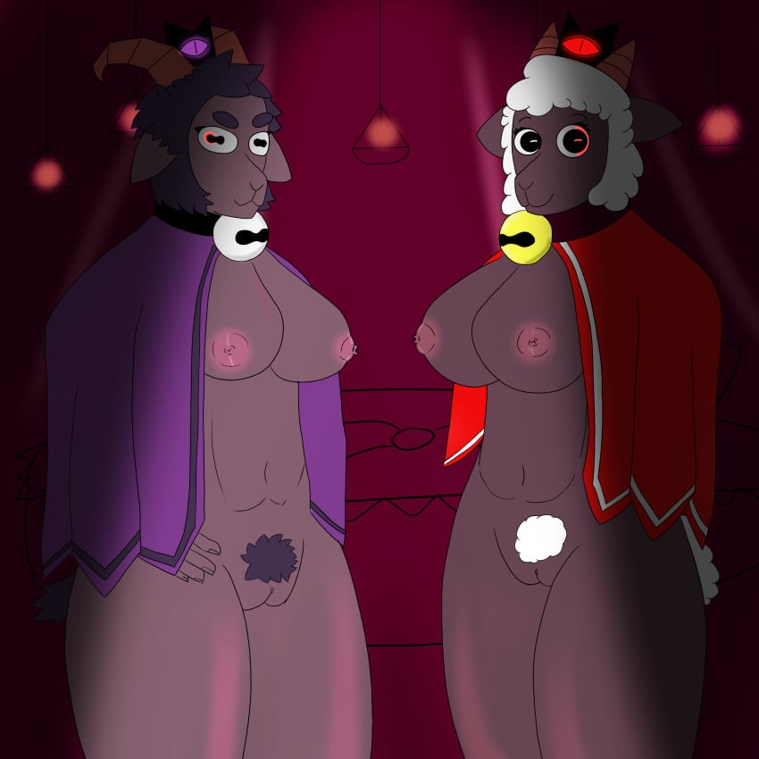 absurd_res anthro bell bell_collar big_breasts black_body black_fur bovid breasts caprine collar cult_of_the_lamb digital_media_(artwork) duo female fur genitals goat goat_(cult_of_the_lamb) hi_res horn lamb_(cult_of_the_lamb) looking_at_viewer mammal massive_monster_(studio) nipples nude purple_crown_(cult_of_the_lamb) pussy red_crown_(cult_of_the_lamb) royalspice905 rule_63 sheep white_body white_fur wool_(fur)