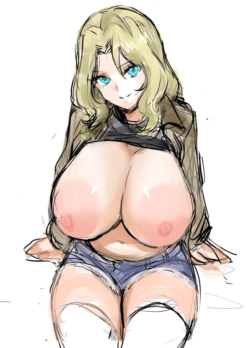 areolae blonde_hair blue_eyes breasts denim denim_shorts girls_und_panzer highres hisaki huge_breasts kay_(girls_und_panzer) kuppipi_ramutarou large_areolae saunders_military_uniform shorts sketch thighhighs white_legwear