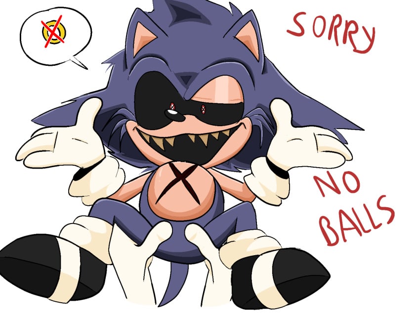 1boy ambiguous_gender ankifun english_text funny gloves interspecies legs_apart legs_held_open looking_at_viewer lord_x no_balls no_genitals open_mouth red_eyes simple_background smile sonic.exe sonic.exe_(creepypasta) sonic.exe_(series) sonic_(series) sonic_the_hedgehog sonic_the_hedgehog_(series) spread_legs teeth white_background