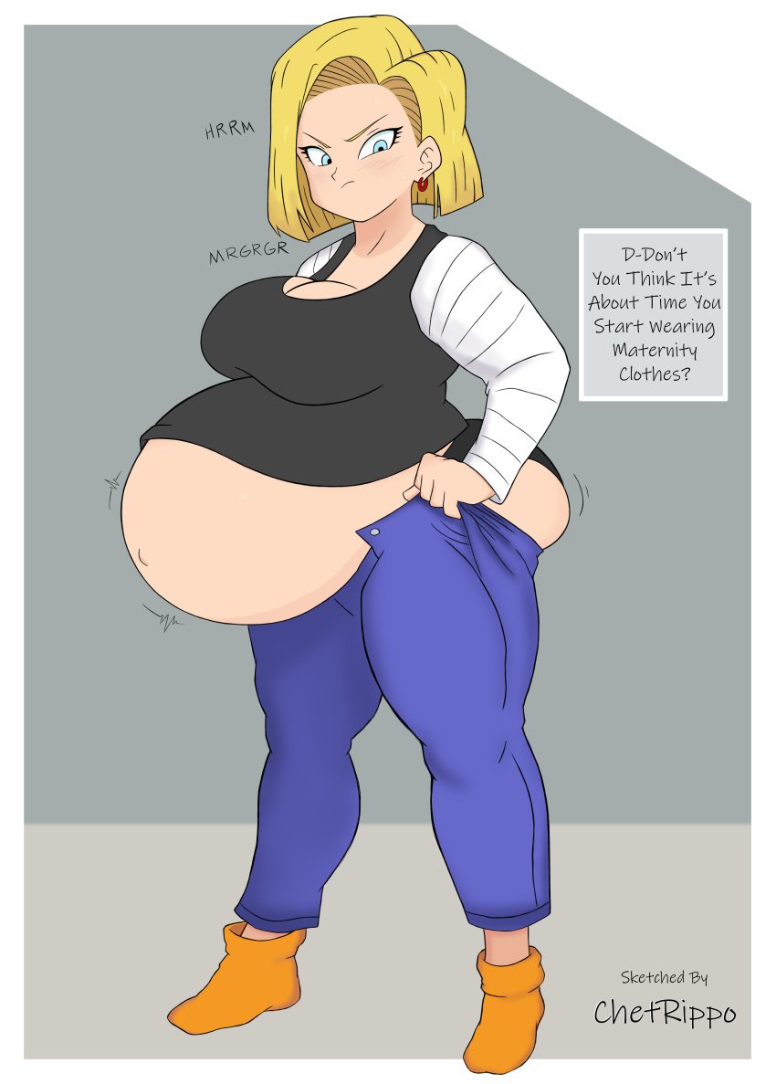 1girls android_18 ass blonde_hair blue_eyes blush breasts colored dragon_ball edit exposed_ass exposed_belly female huge_ass human ineffective_clothing large_breasts milf offscreen_character panties popped_navel pregnant ready_to_pop struggling_to_fit the_tits_of_mio thick_thighs wickedatlas wide_hips