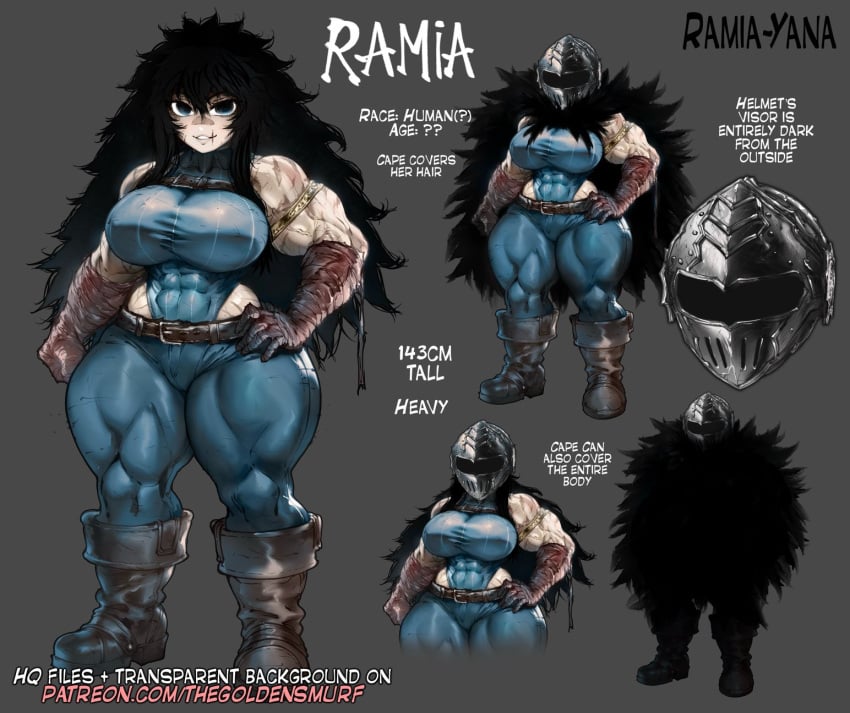 1girls bandaged_arm biceps big_breasts black_eyes black_hair boots cape character_sheet covered_abs covered_navel curvy english_text female female_only fur_cape grey_background helmet hi_res large_breasts leotard long_hair looking_at_viewer multiple_scars muscles muscular muscular_arms muscular_female muscular_shortstack muscular_thighs pants ramia-yana ramia_(ramia-yana) scar scars scars_all_over shortstack solo text thegoldensmurf thick_thighs wide_hips