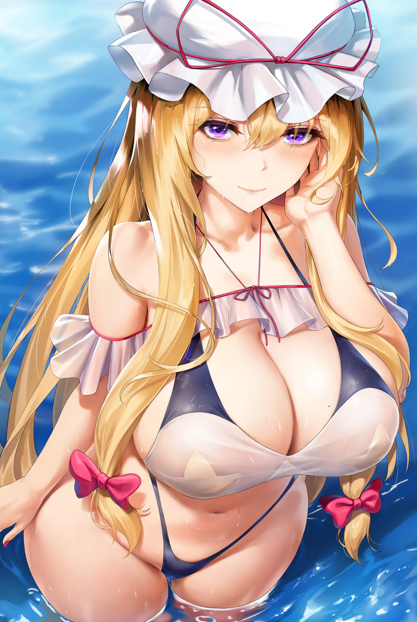 1girls blonde_hair blush breasts female female_focus female_only hair_ornament kyoumaz large_breasts looking_at_viewer micro_bikini purple_hair solo solo_focus touhou twintails voluptuous water wet yukari_yakumo