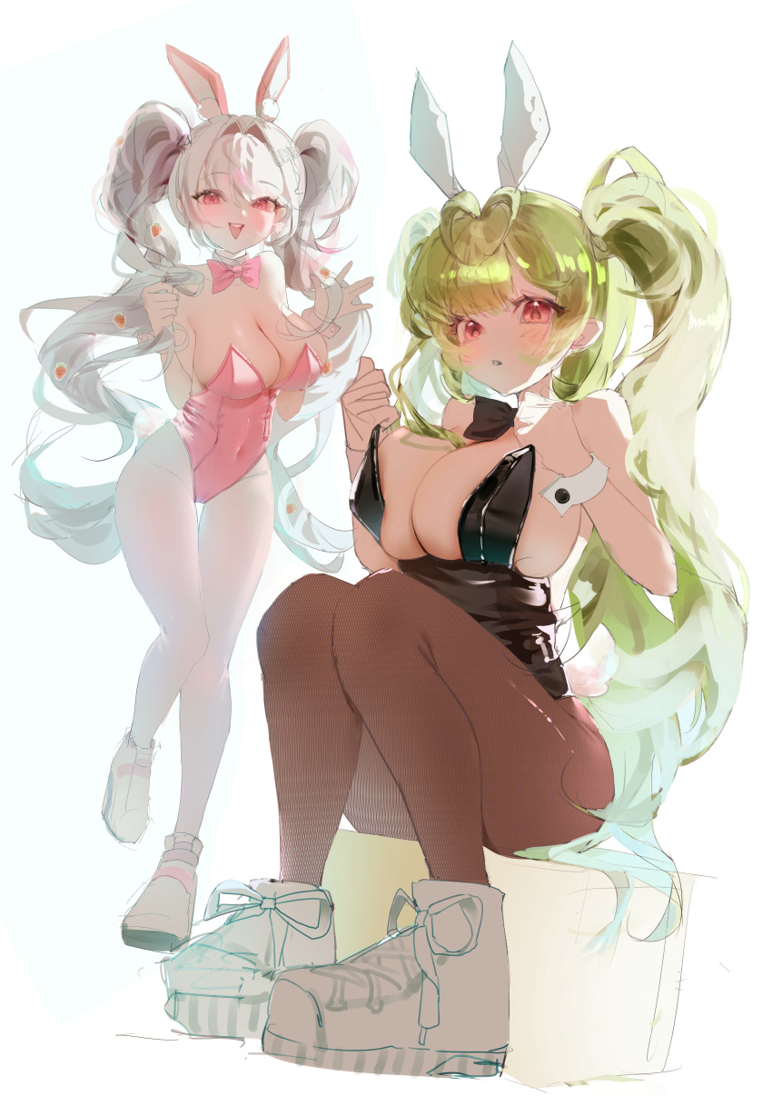 2d 2girls alice_(nikke) alice_(wonderland_bunny)_(nikke) blush breasts bunny_ears bunnysuit cameltoe cleavage female_only goddess_of_victory:_nikke green_hair large_breasts long_hair open_mouth pink_eyes purple_eyes soda_(nikke) soda_(twinkling_bunny)_(nikke) thigh_gap twintails upper_teeth white_background white_hair