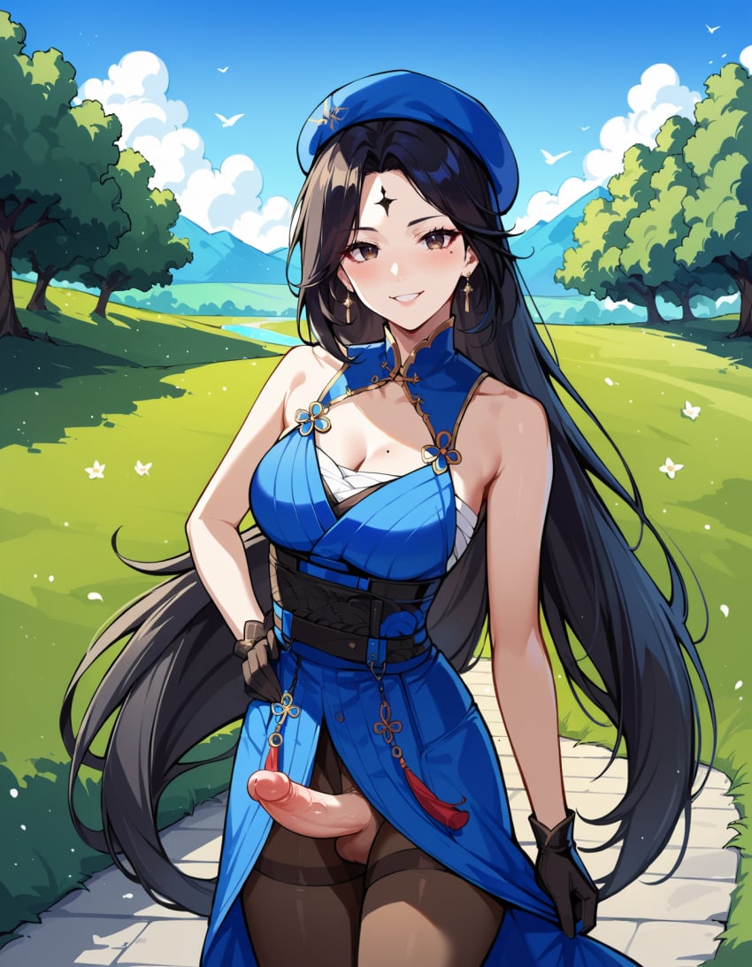 1futa ai_generated dickgirl dress erection esendor futa_only futanari hat looking_at_viewer outdoors penis solo solo_futa stable_diffusion wuthering_waves yangyang_(wuthering_waves)