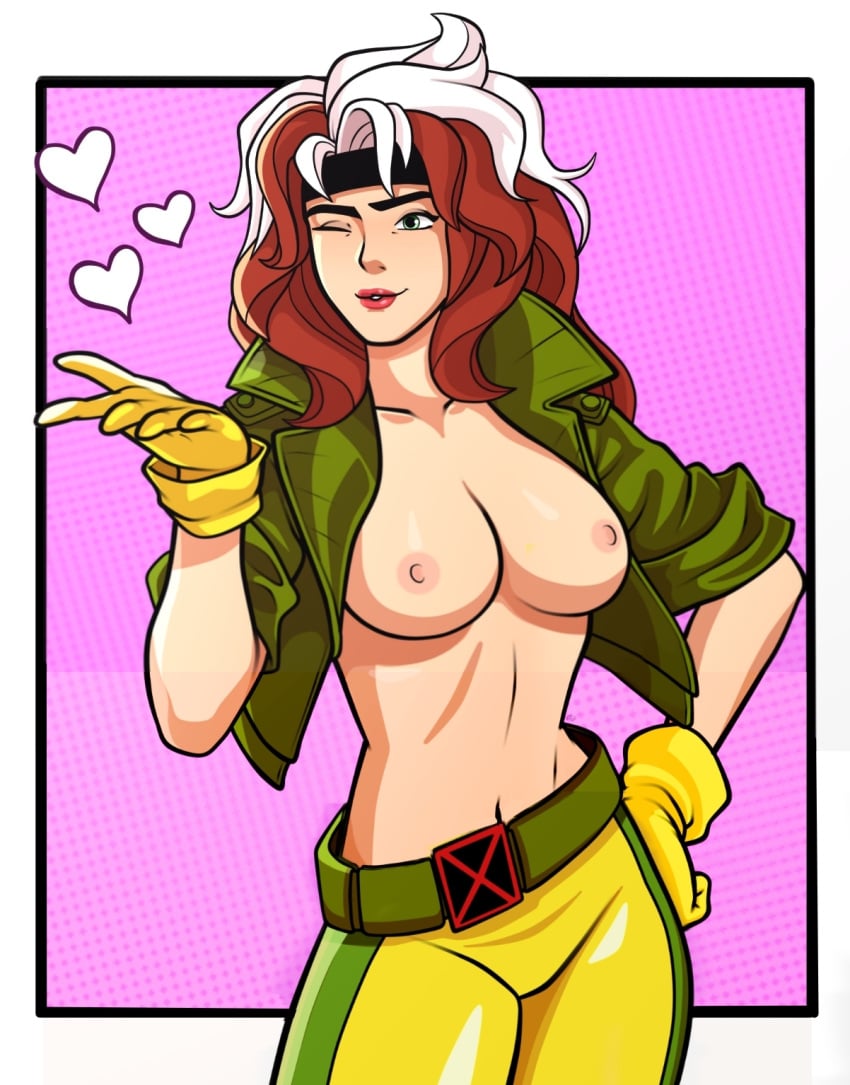 1girls anna_marie areolae belt big_breasts blowing_kiss breasts female female_only gloves green_eyes green_jacket human human_only jacket kimkai kimkai_drawings light-skinned_female light_skin marvel marvel_comics nipples one_eye_closed pants red_hair rogue_(x-men) solo_female topless topless_female two_tone_hair white_hair x-men x-men:_the_animated_series x-men_97