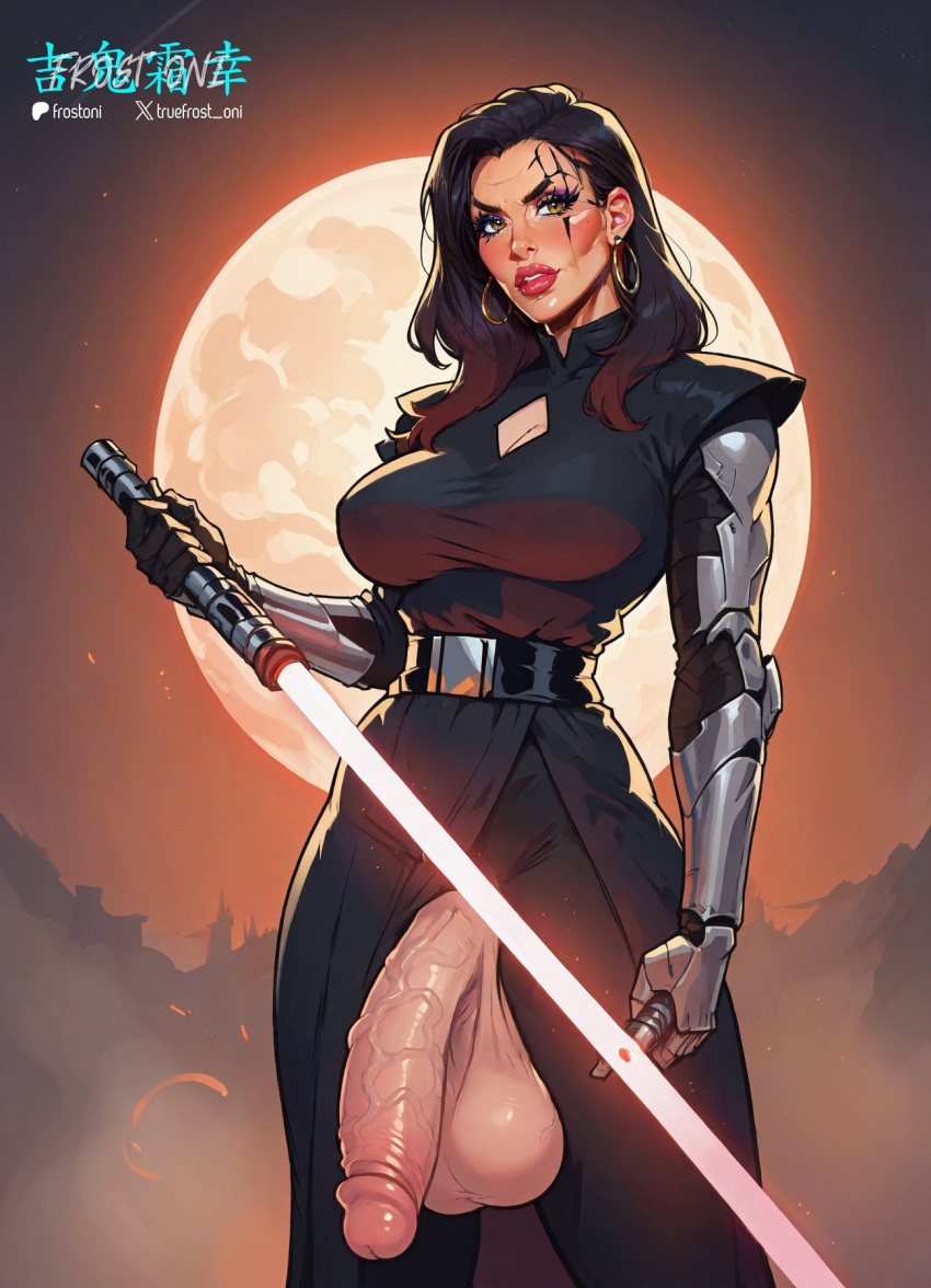 1futa ai_generated arm_armor belt_buckle big_penis black_hair black_uniform eye_scar flaccid_penis frost_oni futanari hoop_earrings keyhole_neckline lightsaber long_hair moon night penis red_lightsaber red_lipstick star_wars veiny_penis