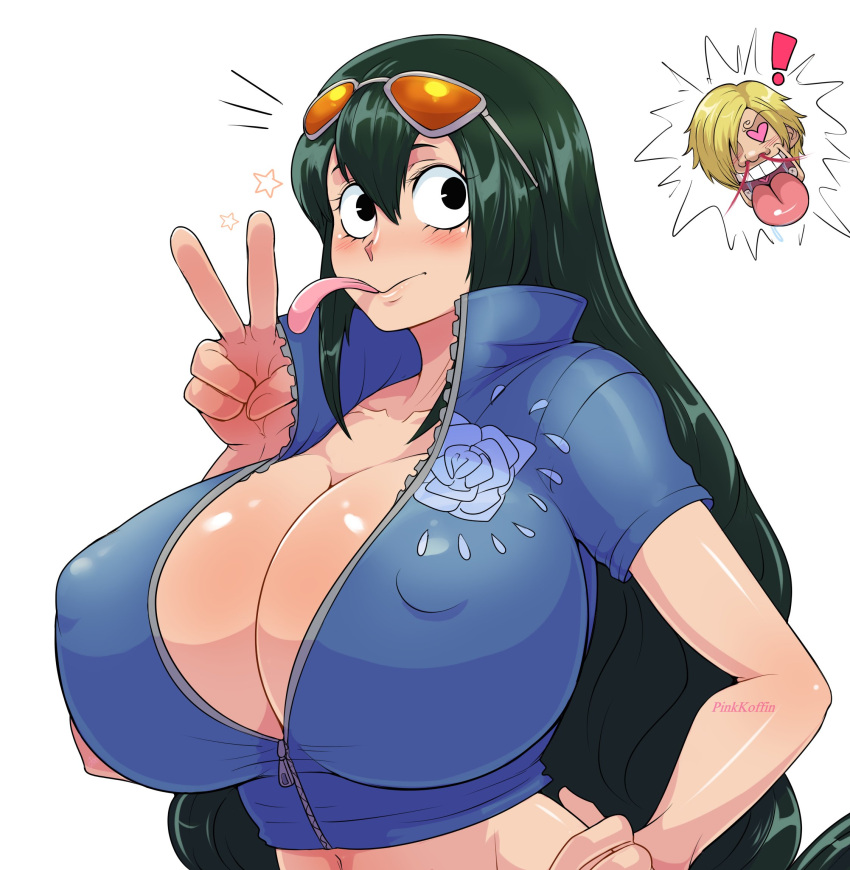 1boy 1girls alternate_breast_size breasts cosplay crossover female green_hair hi_res large_breasts long_hair male massive_breasts my_hero_academia nico_robin_(cosplay) one_piece outfit_swap pinkkoffin simple_background tsuyu_asui vinsmoke_sanji