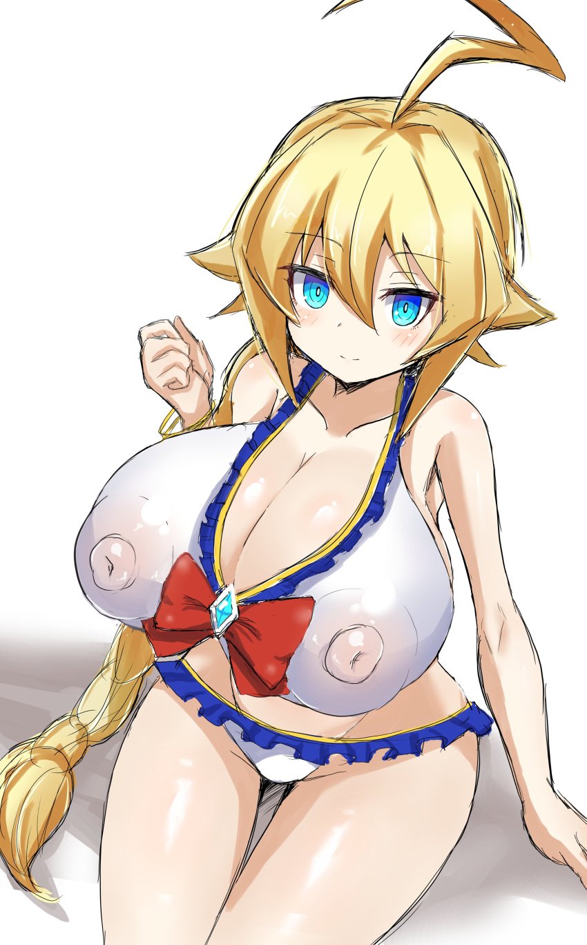 1girls ahoge blazblue blonde_hair blue_eyes braided_hair braided_ponytail breasts cleavage es_(xblaze) female huge_breasts looking_at_viewer nipple_bulge nipples nipples_visible_through_clothing ponytail smile solo swimsuit tied_hair voldred2525 white_background xblaze