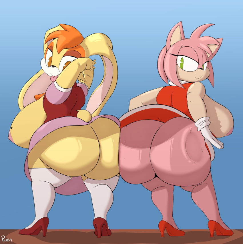 2girls amy_rose ass_built_separately beauty_mark big_ass bottomless butt_slap female fur hedgehog huge_ass huge_breasts plaga rabbit sega small_but_cheeky sonic_(series) vanilla_the_rabbit video_games