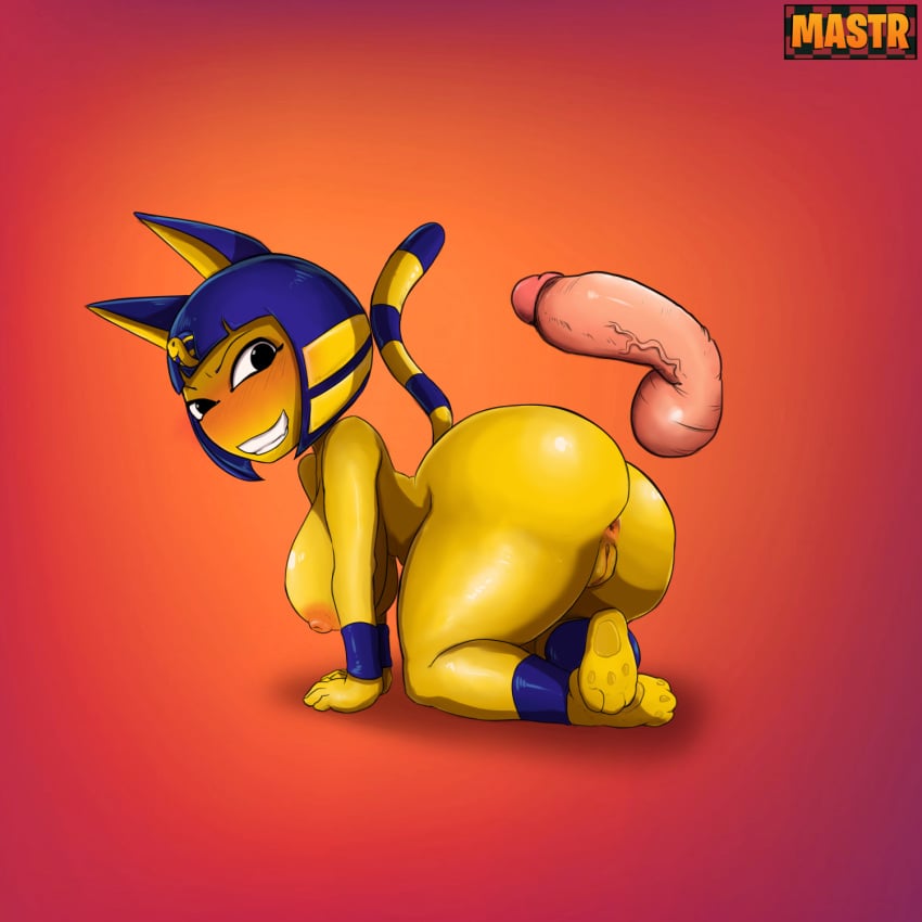 all_fours animal_crossing ankha anthro anus ass balls big_balls big_breasts big_butt breasts domestic_cat duo egyptian felid feline felis female genitals hi_res huge_butt human looking_back male male/female mammal mastr7up nintendo nipples pussy smile video_games