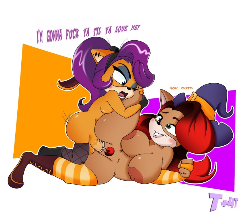 2girls coco_bandicoot crash_(series) crash_team_racing_nitro-fueled evil_coco fur furry futanari large_breasts lewdacris orange_background pubic_hair sex t+4t tawna_bandicoot vagina vaginal_penetration white_background yuri