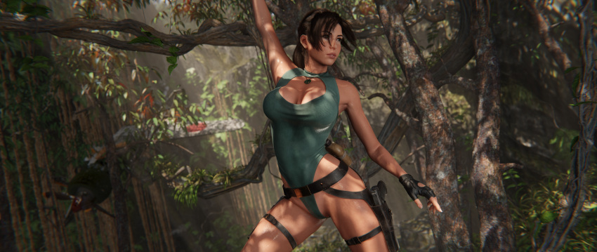 1girls 3d action_pose ass belt big_ass big_breasts blender bodysuit boots breasts brown_eyes brown_hair busty cleavage cleavage_cutout clothed clothing female female_focus female_only fingerless_gloves firearm footwear forest gloves gun gun_holster handgun handwear high_resolution highres holster holstered_pistol holstered_weapon hourglass_figure human jewelry jungle lara_croft lara_croft_(survivor) large_breasts leg_holster leg_strap legs leotard long_hair no_eyewear oil oiled oiled_skin oily outdoors outside pendant piercing pinup pinup_pose pistol ponytail portrait pose posing pussy pussy_peek shiny_breasts shiny_skin solo strauzek sweat sweating sweaty tattoo thick_lips thigh_holster thong_leotard tomb_raider tomb_raider_(survivor) weapon wet wet_body wet_clothes wet_clothing wet_leotard wet_pussy wet_skin wide_hips