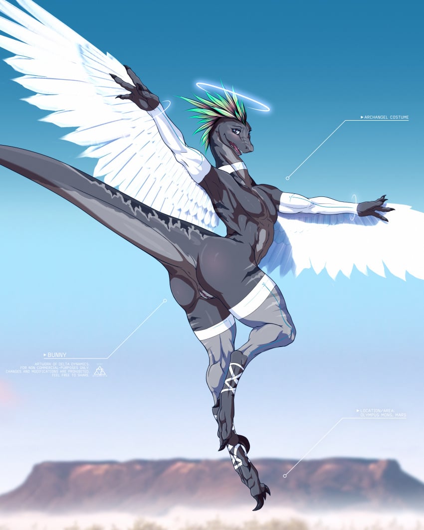 absurd_res angel anthro athletic bunny_(delta.dynamics) choker claws clothing delta.dynamics digitigrade dinosaur dromaeosaurid feathered_wings feathers feet female feral flat_chested halo head_feathers hi_res jewelry legwear lingerie muscular muscular_anthro muscular_female necklace raptor_claws reptile scalie solo theropod thigh_highs toes wings