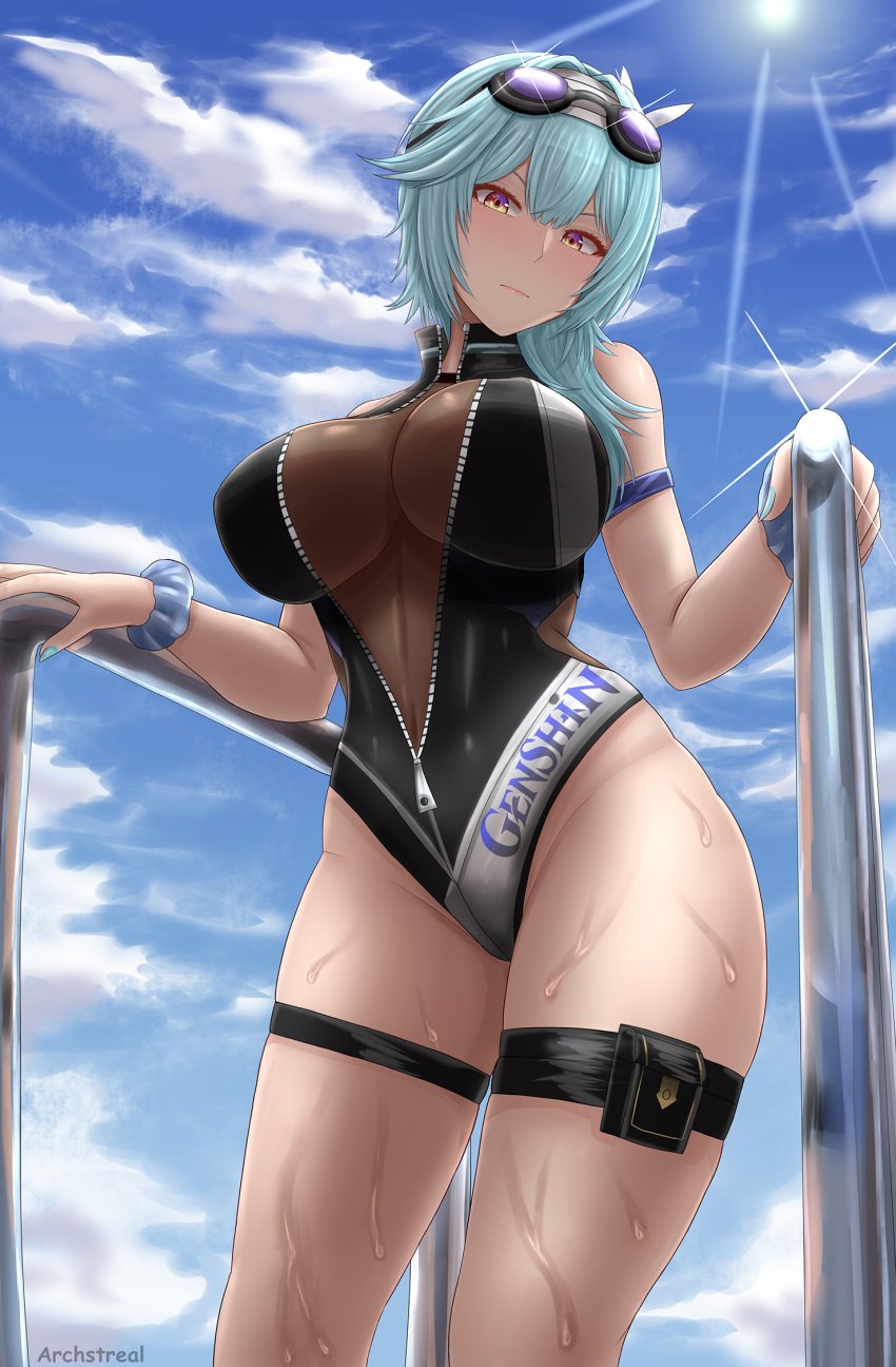 1girls archstreal belly belly_button big_breasts blue_hair blue_sky breasts cleavage climbing climbing_ladder closed_mouth clouds eula_(genshin_impact) eyebrows female female_focus female_only genshin_impact google_glass googles hair_between_eyes hair_over_breasts hair_over_shoulder hairband high_resolution highres huge_breasts lips looking_at_viewer looking_down medium_hair navel navel_line one-piece_swimsuit open_clothes open_zipper pool sky solo solo_female solo_focus sun swimming_goggles swimsuit thick_thighs thigh_strap thighs wet wide_hips yellow_eyes zipper zipper_down