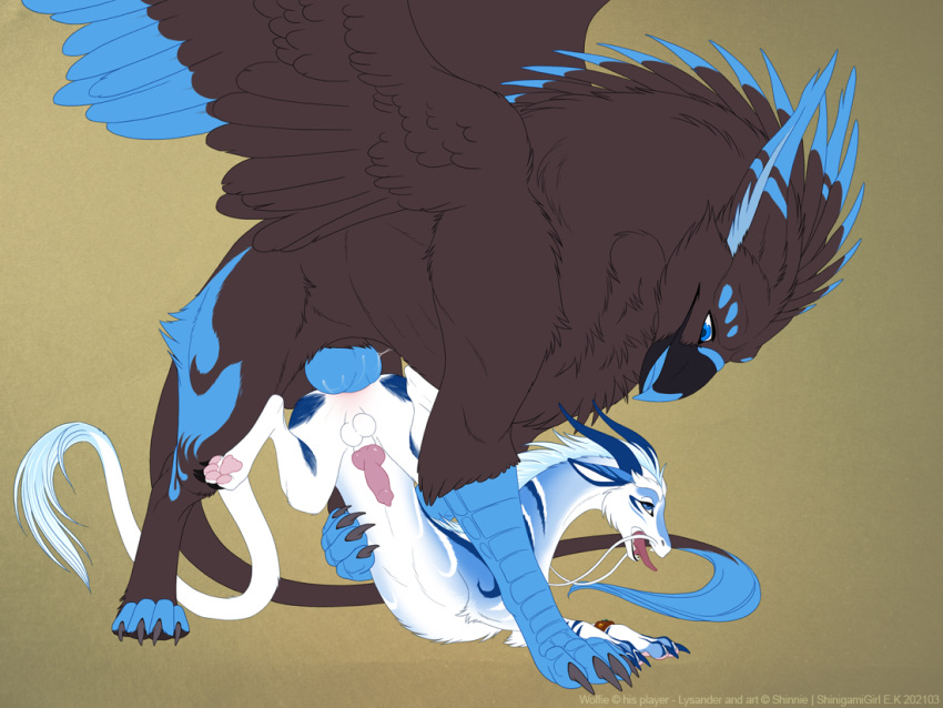 2021 4:3 4_toes anal anal_sex avian balls barbel_(anatomy) blue_body blue_fur blue_skin brown_body brown_fur claws digital_media_(artwork) digitigrade dragon eye_contact feathered_wings feathers feet feral feral_on_feral feral_penetrated feral_penetrating feral_penetrating_feral flesh_whiskers fur genitals gryphon horn knot long_tail looking_at_another looking_at_partner lysander male male/male male_penetrated male_penetrating male_penetrating_male mythological_avian mythology paws penetration shinigamigirl size_difference smaller_penetrated tail_tuft toes tongue tongue_out tuft white_body white_fur wingless_dragon wings wolfie-feral