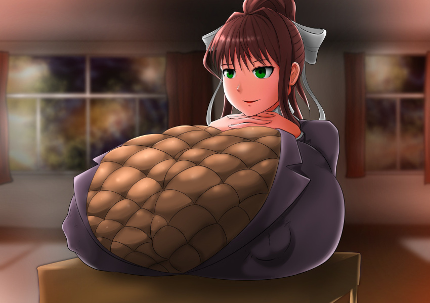 bow brown_hair clothed doki_doki_literature_club escapefromexpansion female_only gigantic_breasts green_eyes hand_on_breast huge_breasts huge_nipples hyper hyper_breasts monika_(doki_doki_literature_club) nipple_bulge