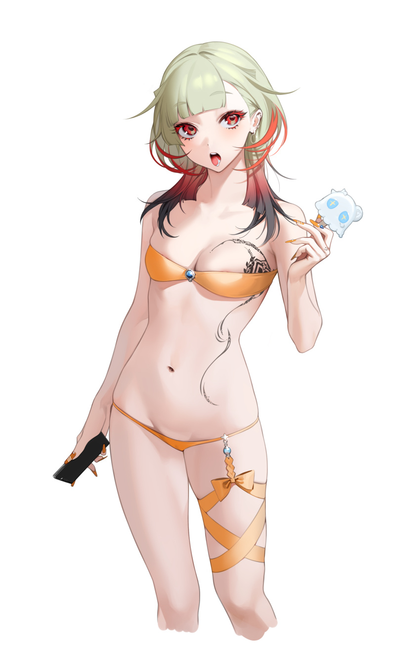 1girls areola_slip areolae azur_lane bare_arms bare_shoulders bikini blunt_bangs cleavage earrings feet_out_of_frame female female_only giuseppe_garibaldi_(azur_lane) green_hair highres ice_cream long_fingernails looking_at_viewer medium_breasts midriff multicolored_hair nail_polish navel ohisashiburi open_mouth pale-skinned_female pale_skin red_eyes revealing_clothes saliva simple_background skimpy skindentation slim solo swimsuit tattoo thighs tight_clothing toned toned_female tongue tongue_out white_background