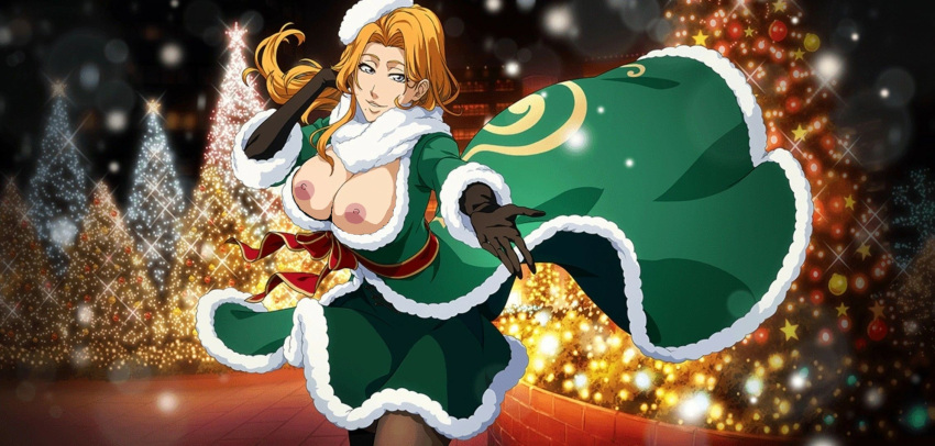 1girls bleach bleach_brave_souls blue_eyes breasts christmas christmas_tree edit female female_only large_breasts long_hair matsumoto_rangiku nude_filter orange_hair screenshot screenshot_edit solo