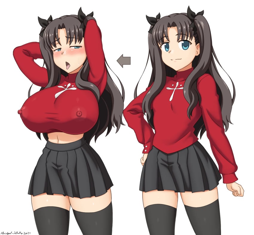 1girls abridged-satoko breast_expansion fate/stay_night fate_(series) huge_breasts nipples nipples_visible_through_clothing tohsaka_rin twintails