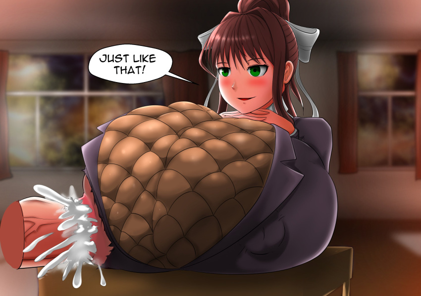 bow brown_hair doki_doki_literature_club escapefromexpansion gigantic_breasts green_eyes hand_on_breast huge_breasts huge_nipples hyper hyper_breasts monika_(doki_doki_literature_club) nipple nipple_bulge nipple_fucking nipple_penetration speech_bubble